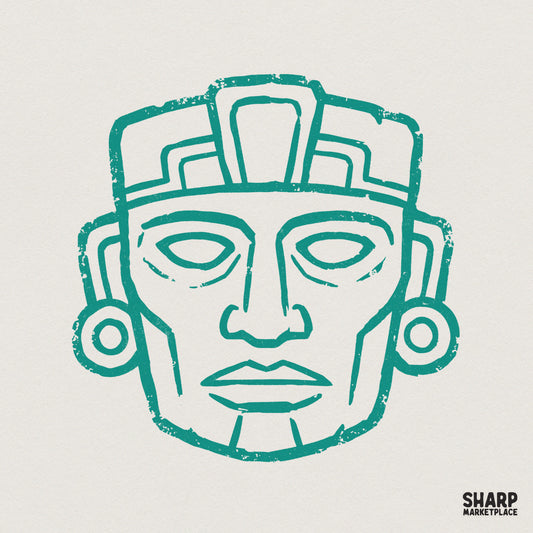 Teal distressed Aztec tribal mask digital design with a ceremonial headdress and ear spools on a light background for apparel and wall art.