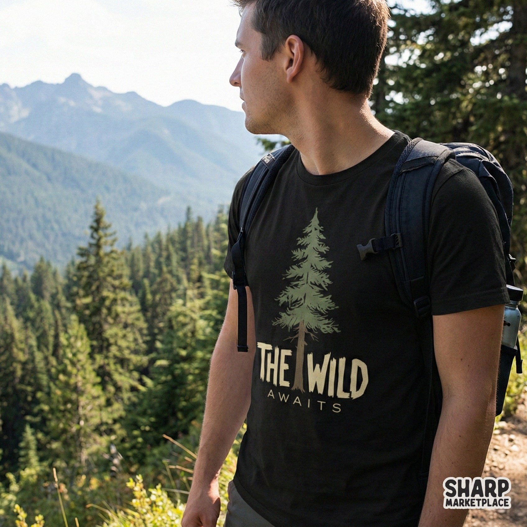 Digital design featuring a tall forest green pine tree and the quote The Wild Awaits in a textured cream typeface for sublimation and printing.