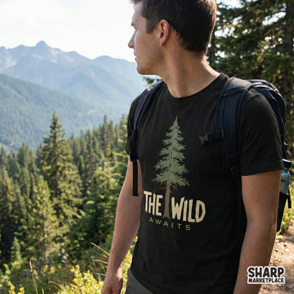 Digital design featuring a tall forest green pine tree and the quote The Wild Awaits in a textured cream typeface for sublimation and printing.
