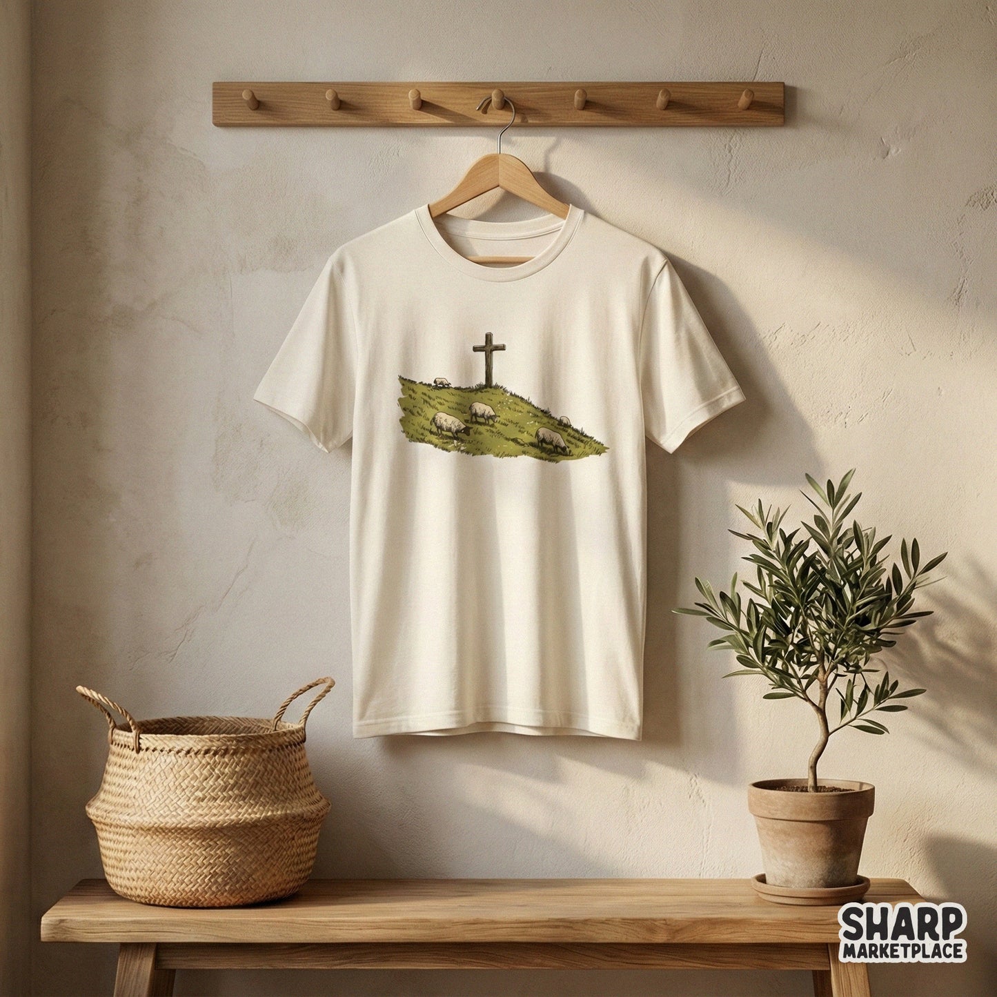 Pastoral scene with a wooden cross and sheep on a hill, rendered in a textured, earth-toned art style perfect for Christian-themed DIY projects.