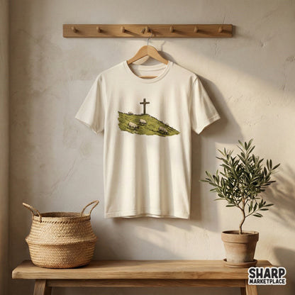 Pastoral scene with a wooden cross and sheep on a hill, rendered in a textured, earth-toned art style perfect for Christian-themed DIY projects.