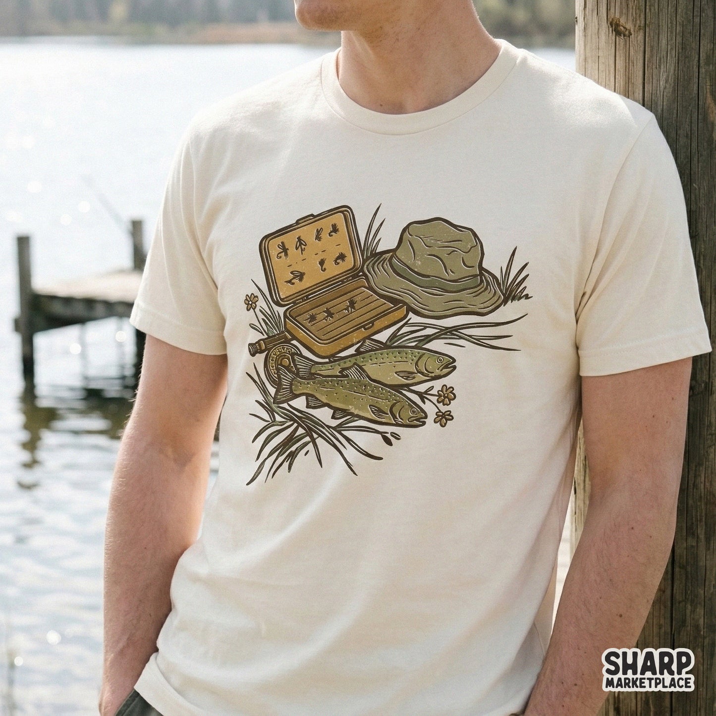 Detailed hand-drawn fishing scene with trout, tackle box, and hat, perfect for rustic outdoor stickers, custom apparel, or summer camping projects.