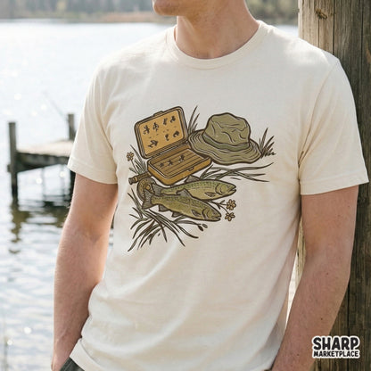 Detailed hand-drawn fishing scene with trout, tackle box, and hat, perfect for rustic outdoor stickers, custom apparel, or summer camping projects.