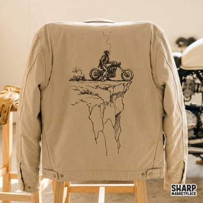 Gritty western outlaw digital design showing a detailed chopper motorcycle and rider on a cliff, perfect for sublimation and apparel printing.