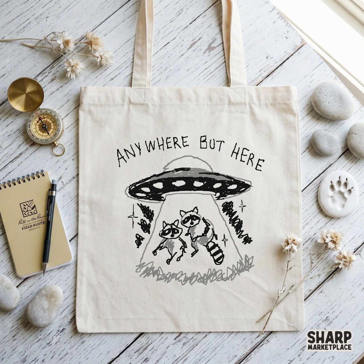 Sketchy monochromatic design of two raccoons under a UFO beam with the quote Anywhere But Here, perfect for funny t-shirt or sticker sublimation.