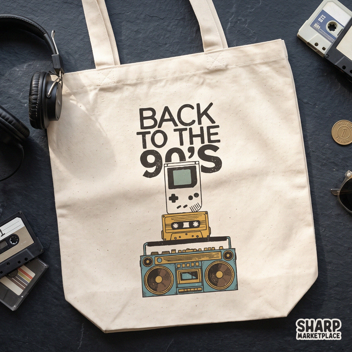 Retro 90s cassette tape and boombox PNG clipart design for t-shirt printing and gamer nostalgia apparel