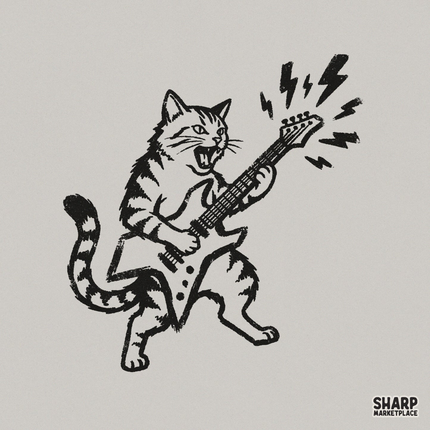 Monochromatic woodcut style illustration of a tabby cat shredding on an electric guitar with lightning bolts, isolated on a light gray background.