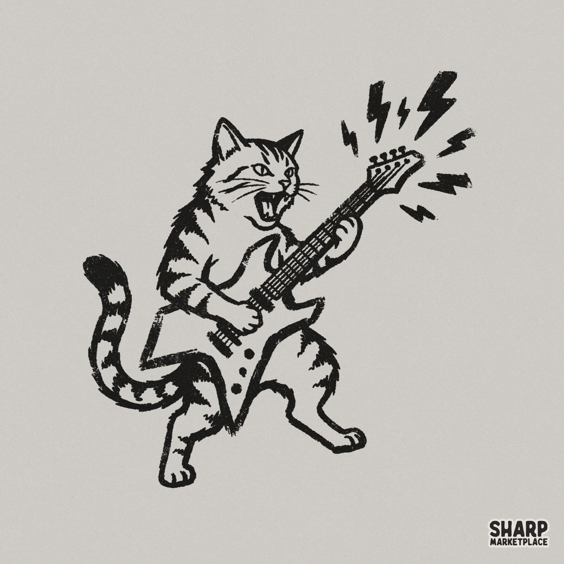 Monochromatic woodcut style illustration of a tabby cat shredding on an electric guitar with lightning bolts, isolated on a light gray background.