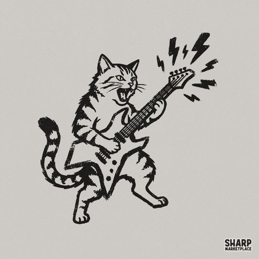 Monochromatic woodcut style illustration of a tabby cat shredding on an electric guitar with lightning bolts, isolated on a light gray background.