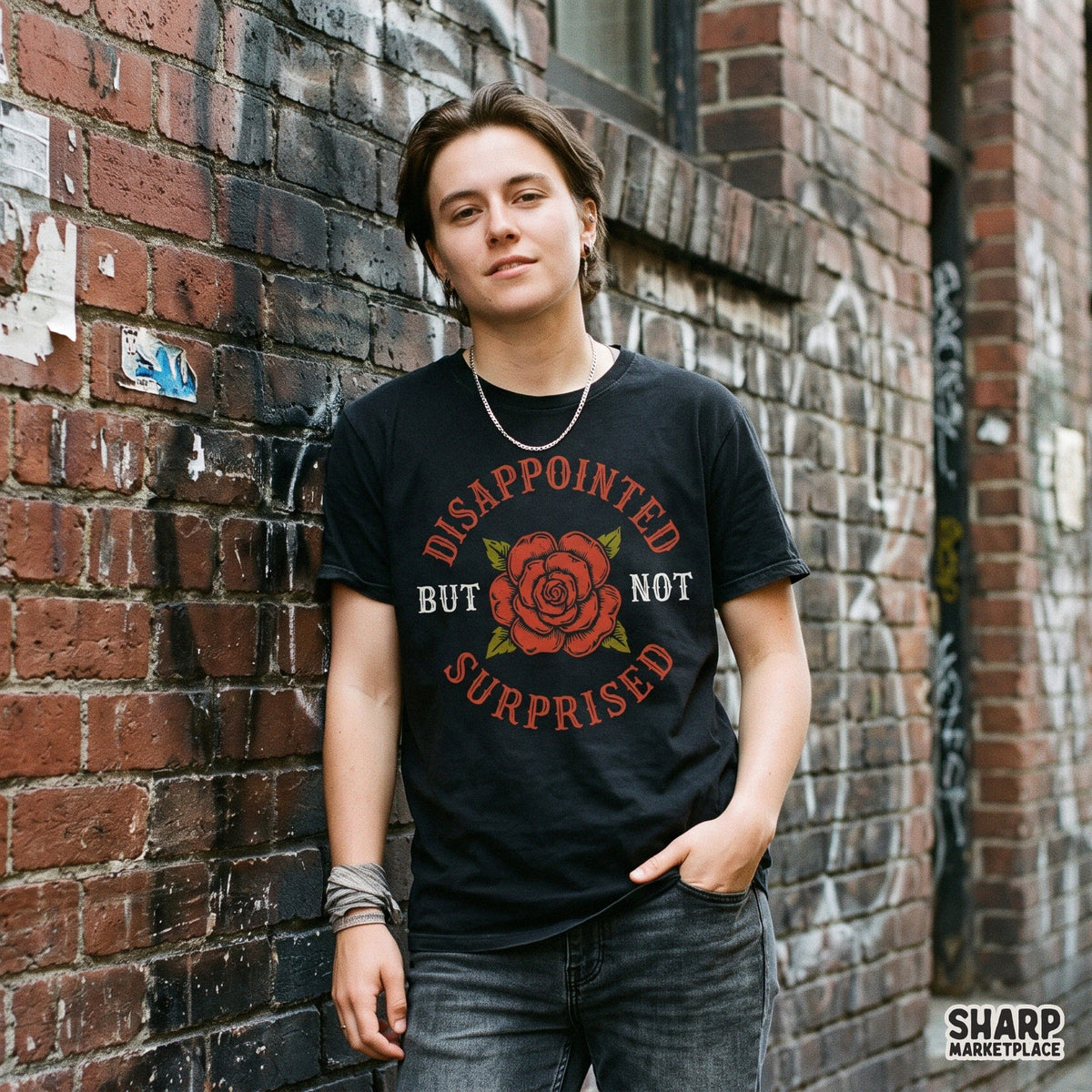 Vintage tattoo rose floral graphic with Disappointed But Not Surprised quote for sarcastic sublimation png shirt design