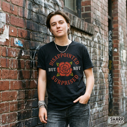 Vintage tattoo rose floral graphic with Disappointed But Not Surprised quote for sarcastic sublimation png shirt design