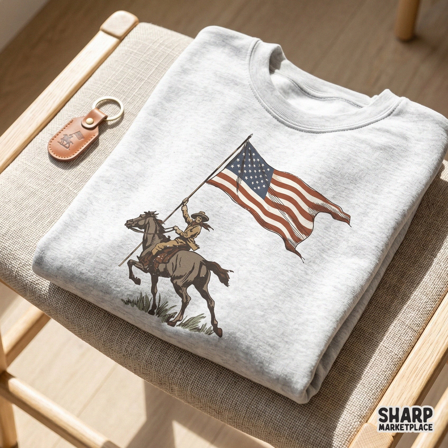 Vintage cowboy riding a horse with an American flag in a retro western sublimation design for shirts