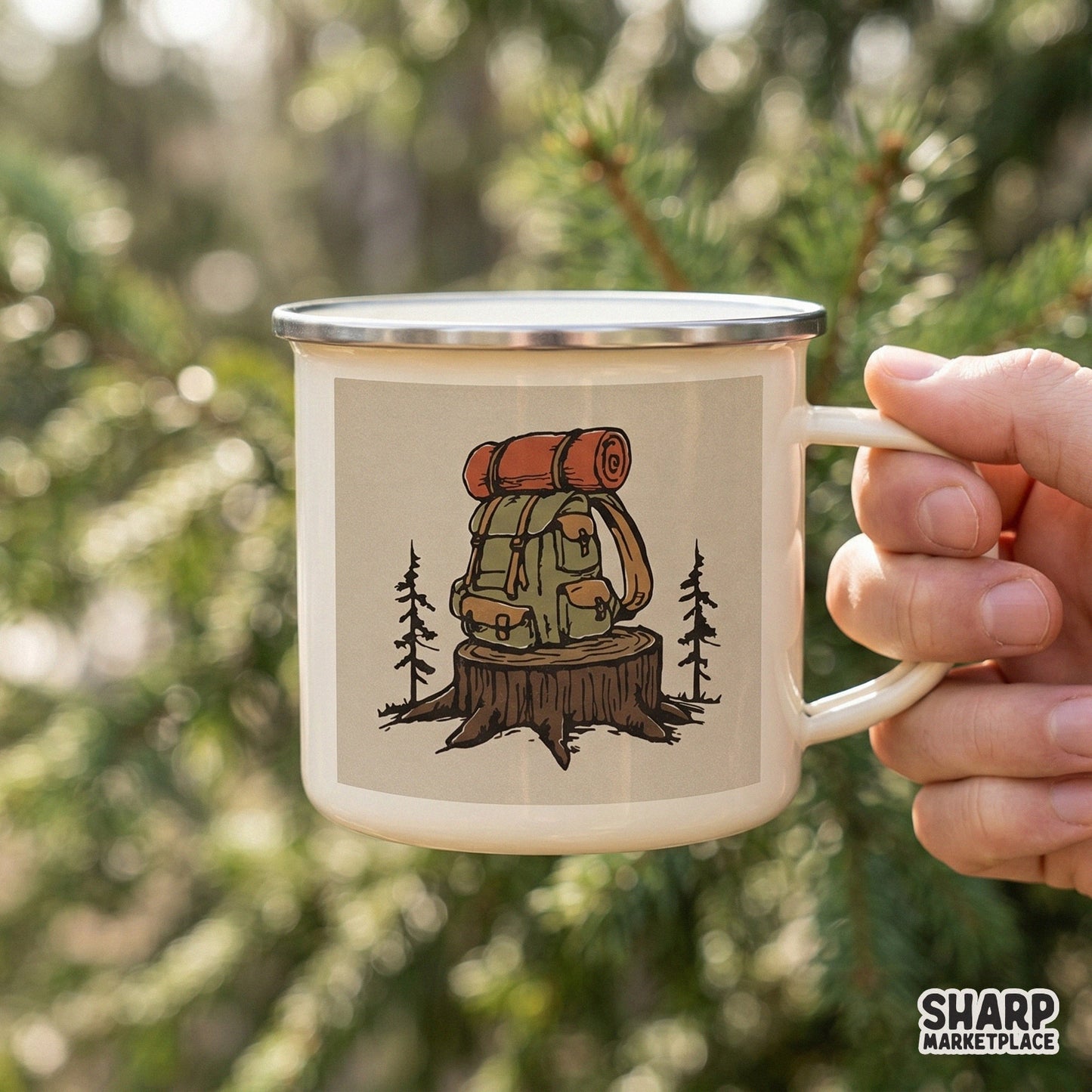 Detailed forest hiking design featuring a camping pack on a weathered stump, suitable for sublimation transfers and outdoor-themed printable art.