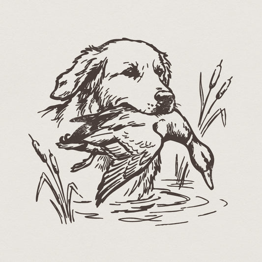 Vintage woodcut style illustration of a golden retriever carrying a duck in its mouth, surrounded by cattails, perfect for hunting apparel.