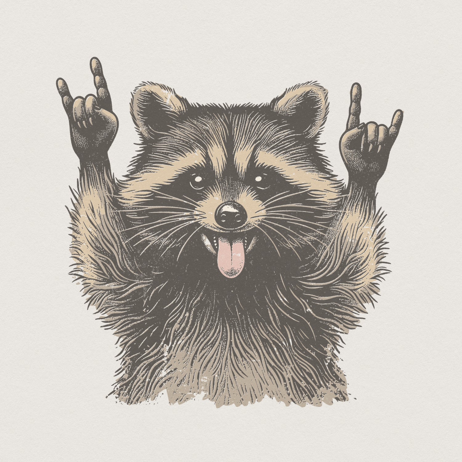 Vintage etched style raccoon illustration making a rock and roll hand gesture with tongue out, perfect for funny t-shirts and sublimation prints.