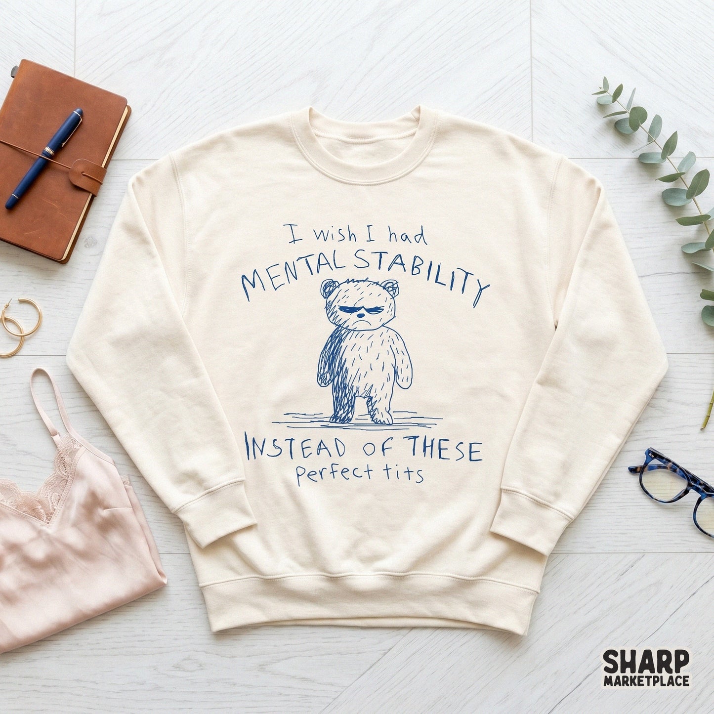Sarcastic bear illustration in a blue sketch style with bold typography, ideal for creating funny graphic tees, stickers, or custom DIY gifts.