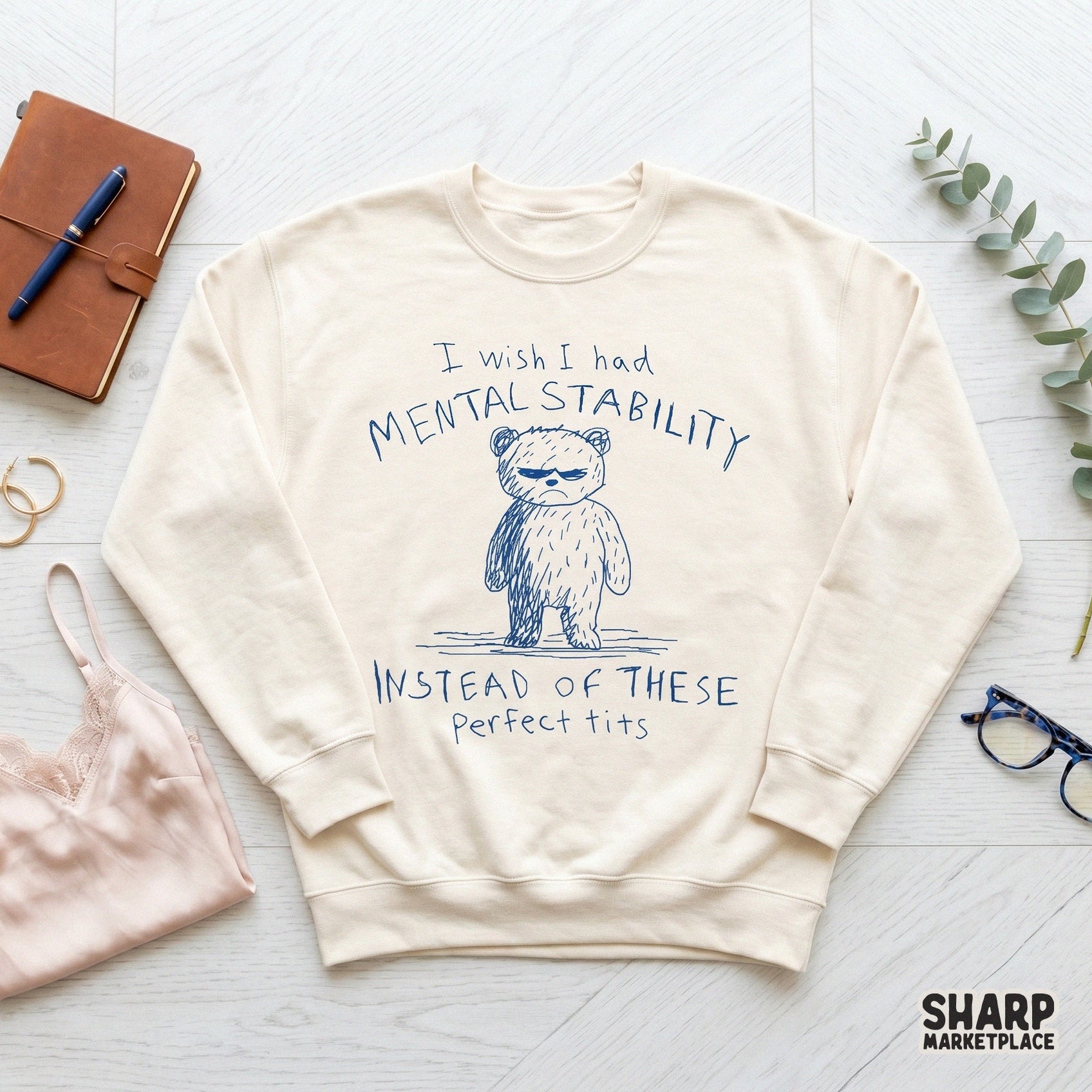 Sarcastic bear illustration in a blue sketch style with bold typography, ideal for creating funny graphic tees, stickers, or custom DIY gifts.