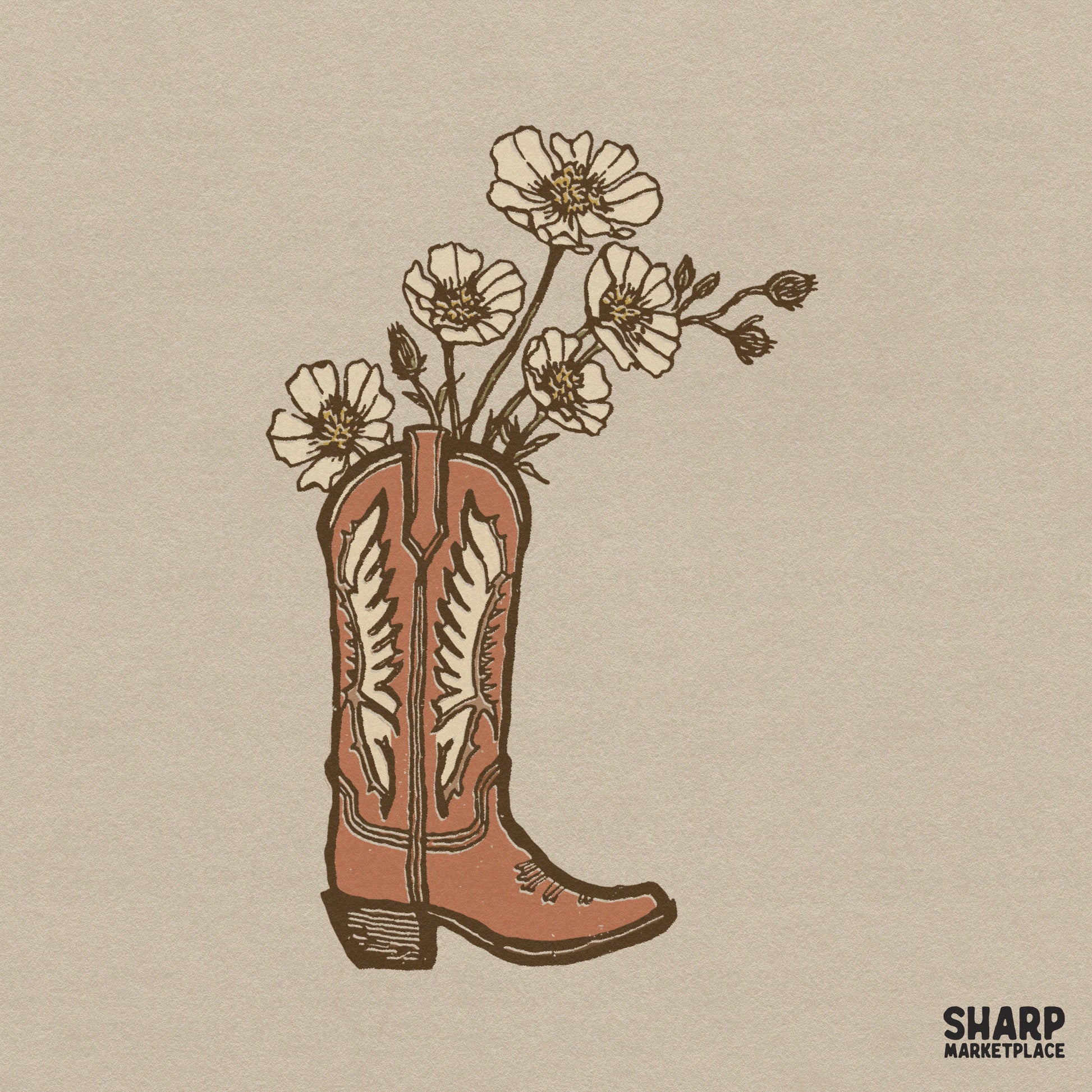 Vintage boho floral cowboy boot illustration for western sublimation designs and country music graphic tees