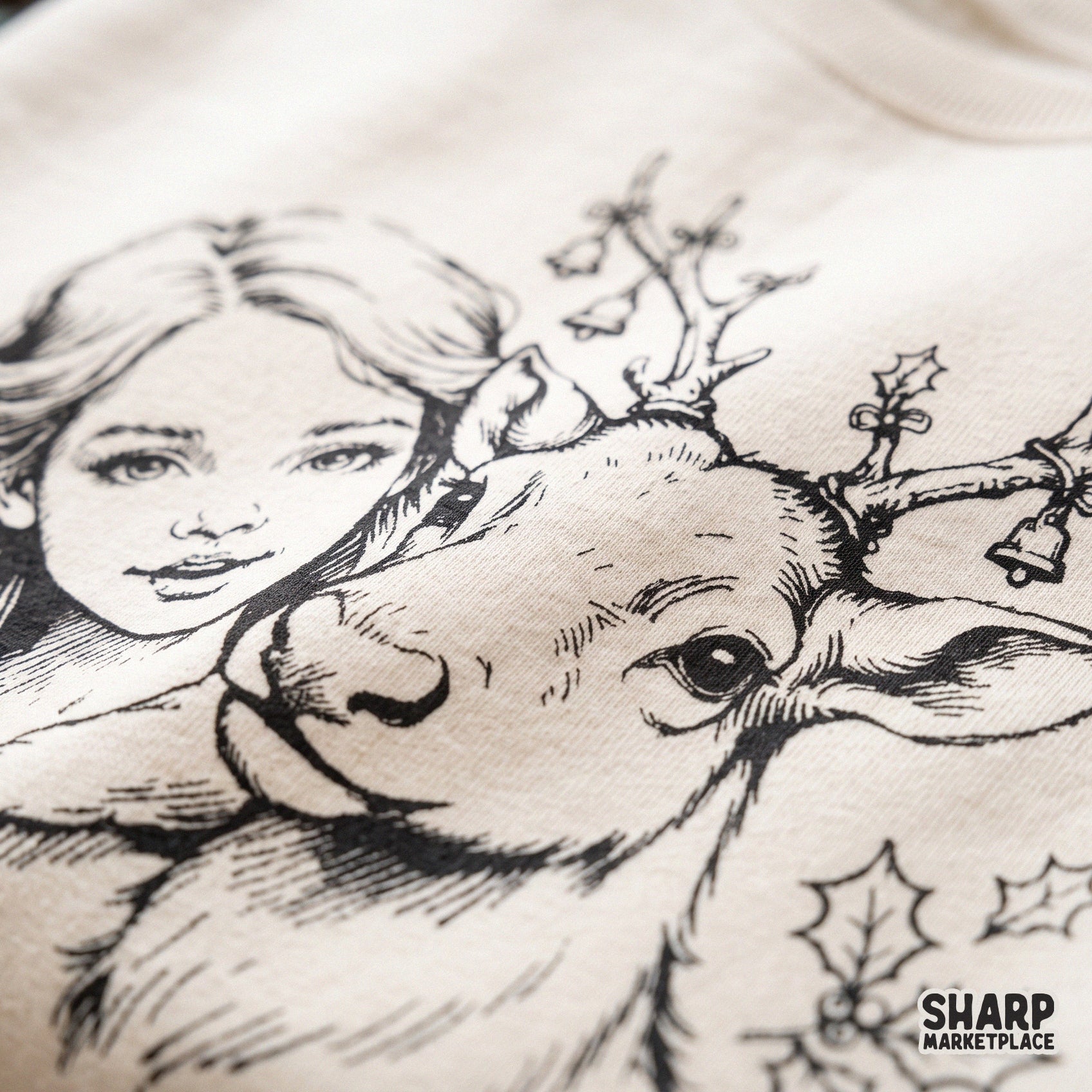 Vintage girl and reindeer retro holiday sublimation design for Christmas shirts and cozy winter coquette aesthetic decor