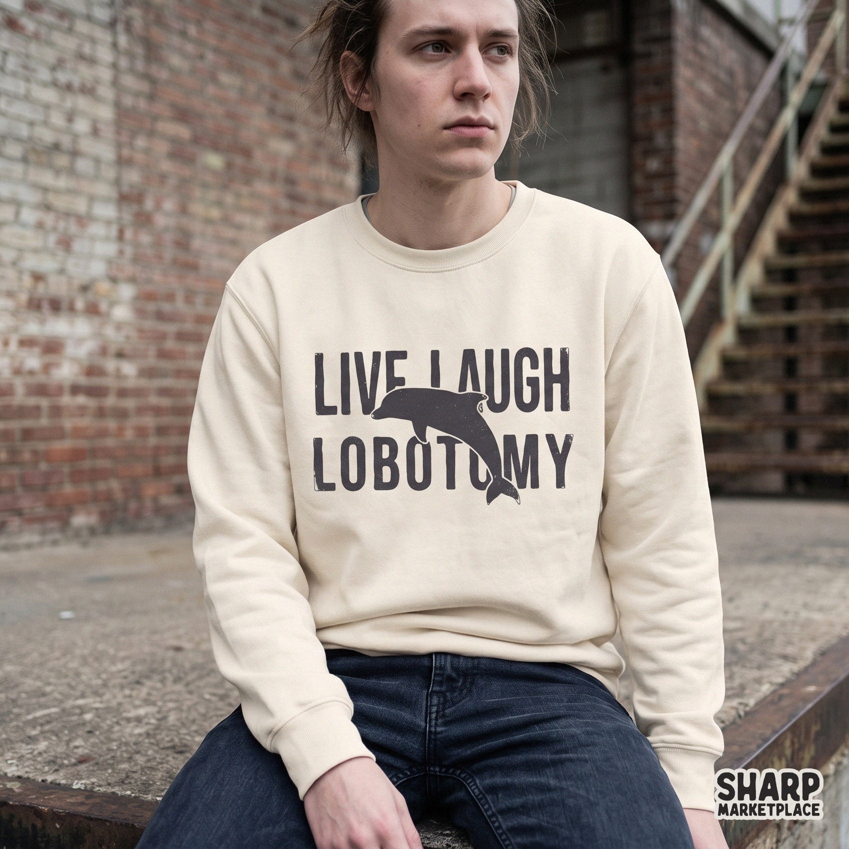 Retro dolphin jumping through a hoop with Live Laugh Lobotomy text for ironic y2k aesthetic shirt designs