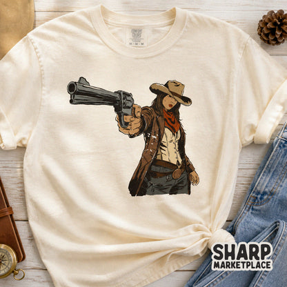 Distressed western graphic of a cowgirl aiming a pistol, rendered in muted tan and brown tones, perfect for DIY sublimation projects and stickers.