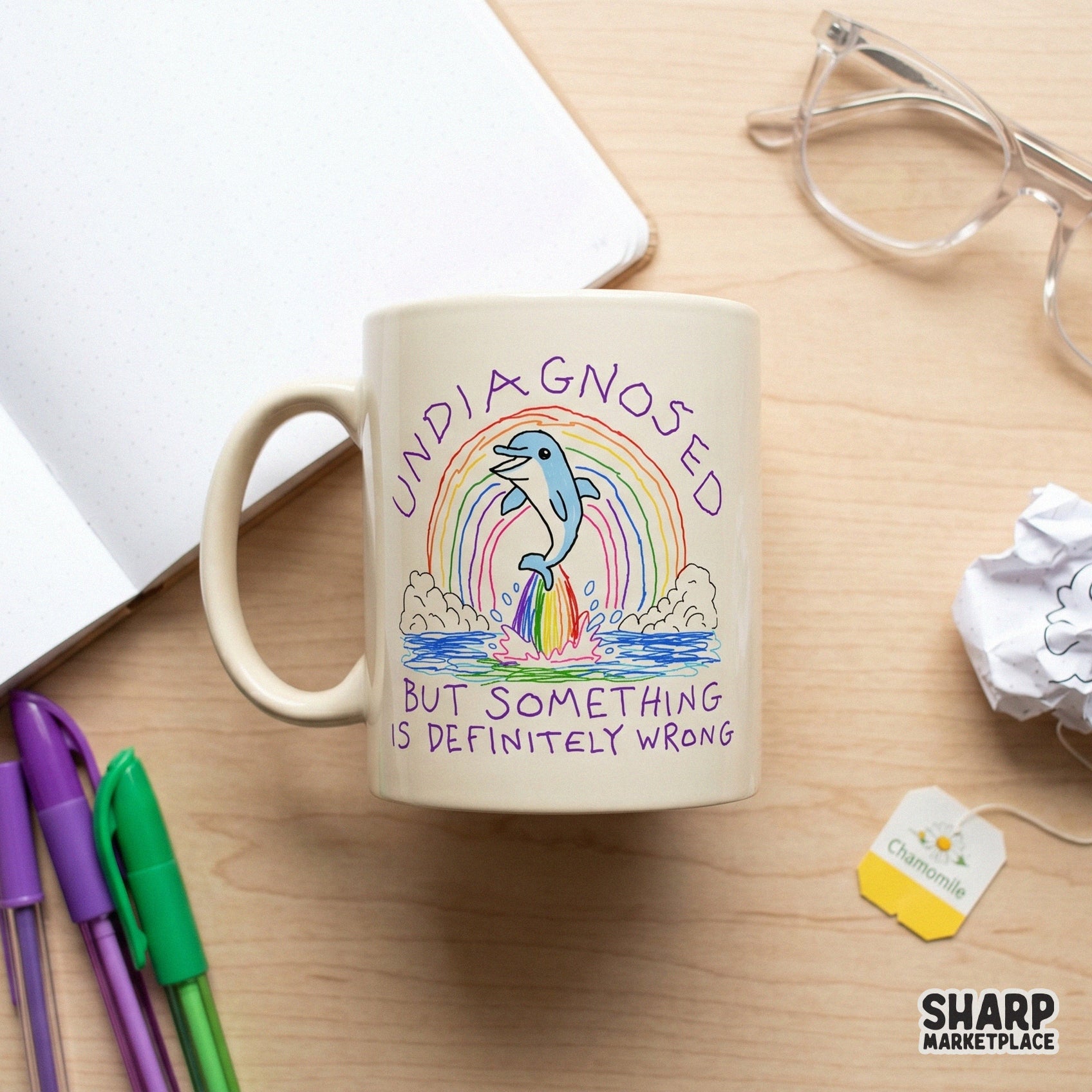 Whimsical illustration of a dolphin leaping through a rainbow with purple handwritten text, perfect for trendy stickers and sarcastic shirts.