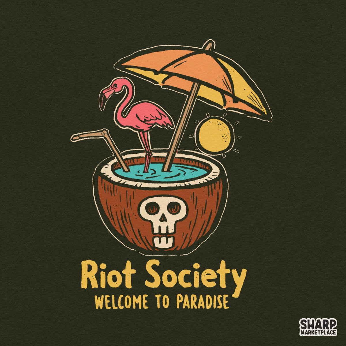 Retro coconut skull drink and trendy flamingo shirt design PNG for tropical beach vacation t-shirts