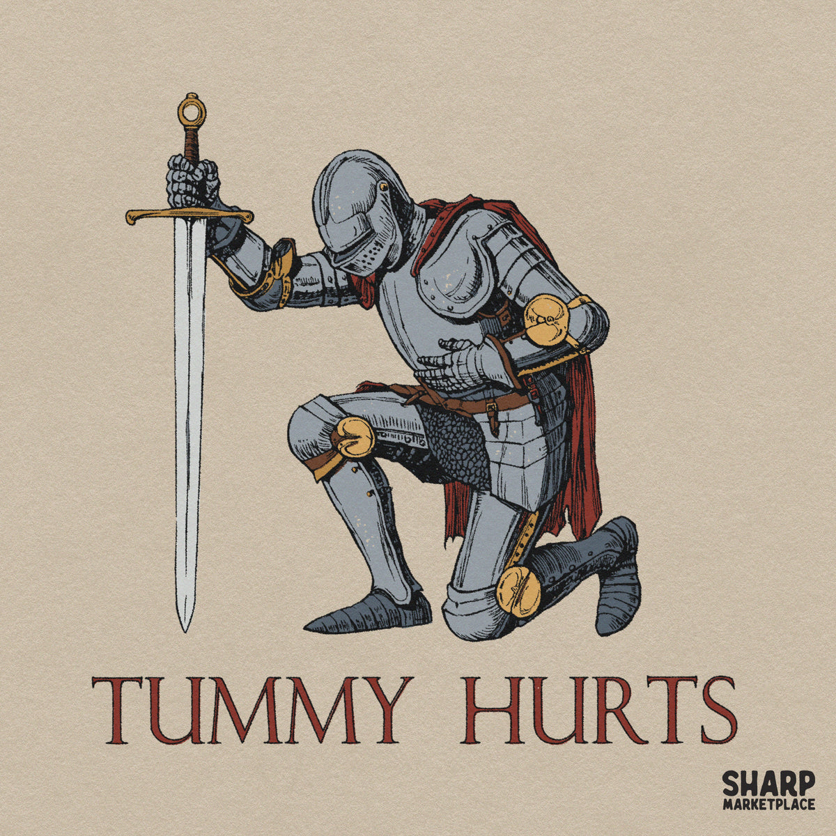 Funny kneeling medieval knight tummy hurts meme PNG graphic for sublimation t-shirts and sarcastic chronic illness humor