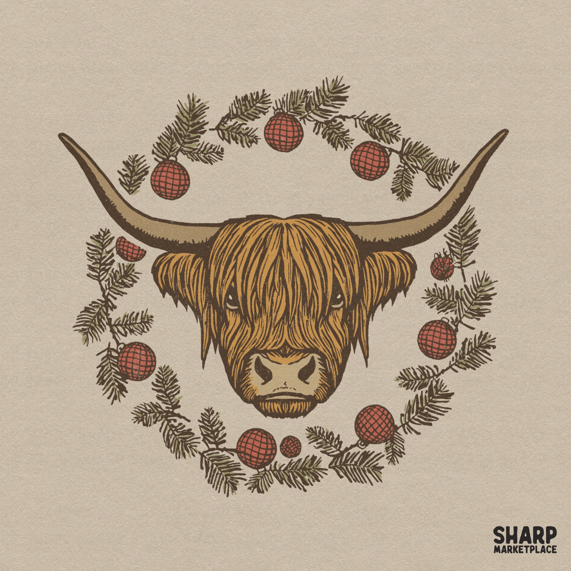 Christmas highland cow in a pine wreath digital sublimation design for holiday shirts