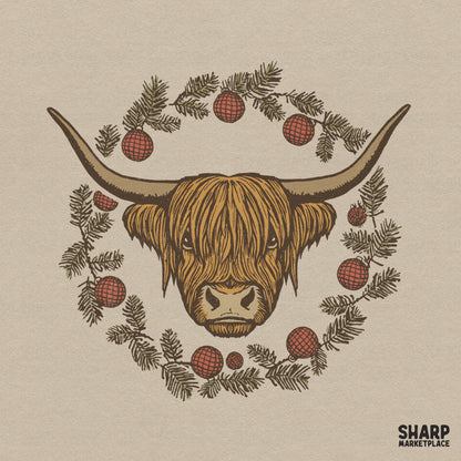 Christmas highland cow in a pine wreath digital sublimation design for holiday shirts
