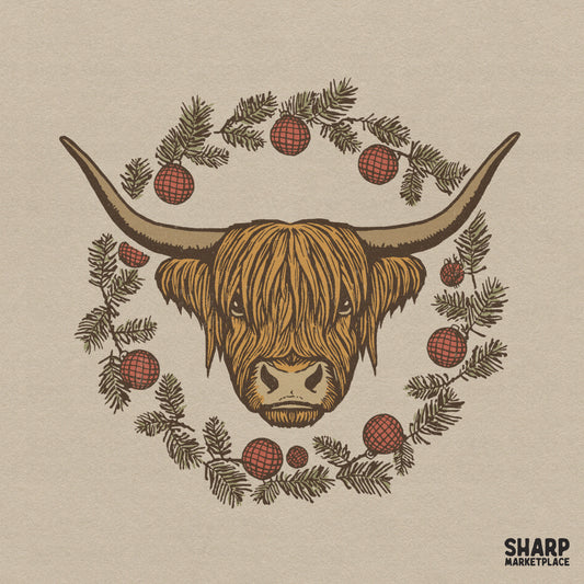 Christmas highland cow in a pine wreath digital sublimation design for holiday shirts