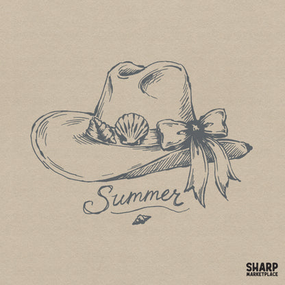 Summer beach cowgirl hat with seashells and coquette bow PNG for retro coastal western style graphic tees and apparel designs