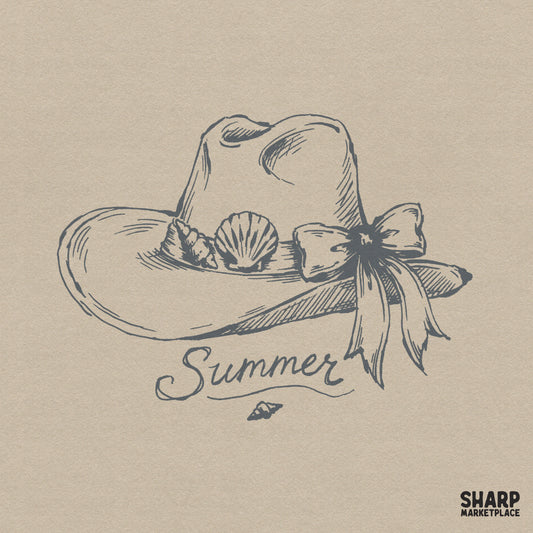 Summer beach cowgirl hat with seashells and coquette bow PNG for retro coastal western style graphic tees and apparel designs