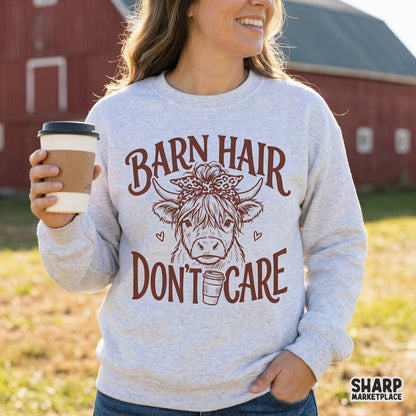 Hand-drawn Highland cow design with a messy bun and coffee cup, featuring western-style typography for funny country-themed stickers or clothing.