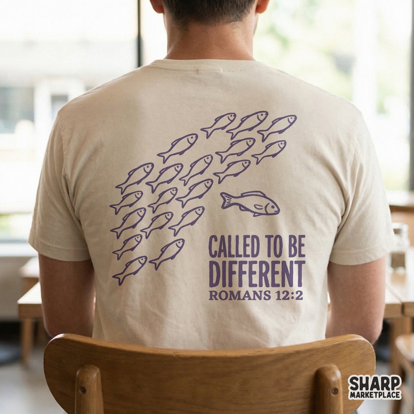 Inspirational scripture graphic with a school of fish illustration and the verse Romans 12:2, suitable for Christian t-shirts, stickers, and wall art.