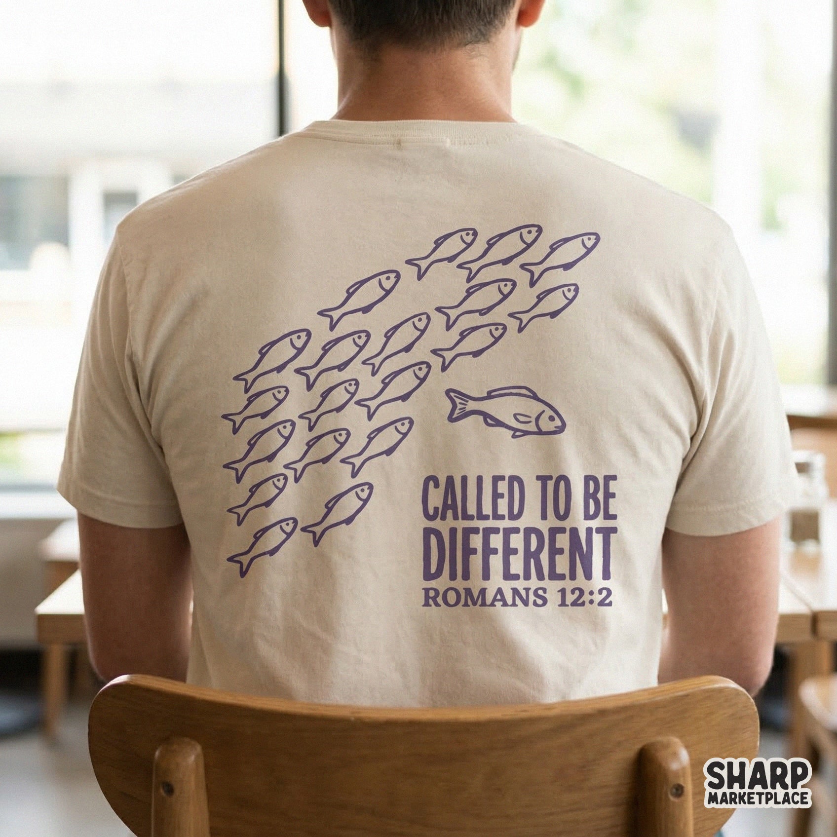 Inspirational scripture graphic with a school of fish illustration and the verse Romans 12:2, suitable for Christian t-shirts, stickers, and wall art.