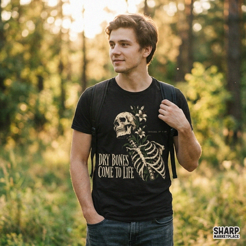 Floral skeleton dry bones graphic PNG with Ezekiel 37 Bible verse for Christian faith apparel and Halloween shirt design