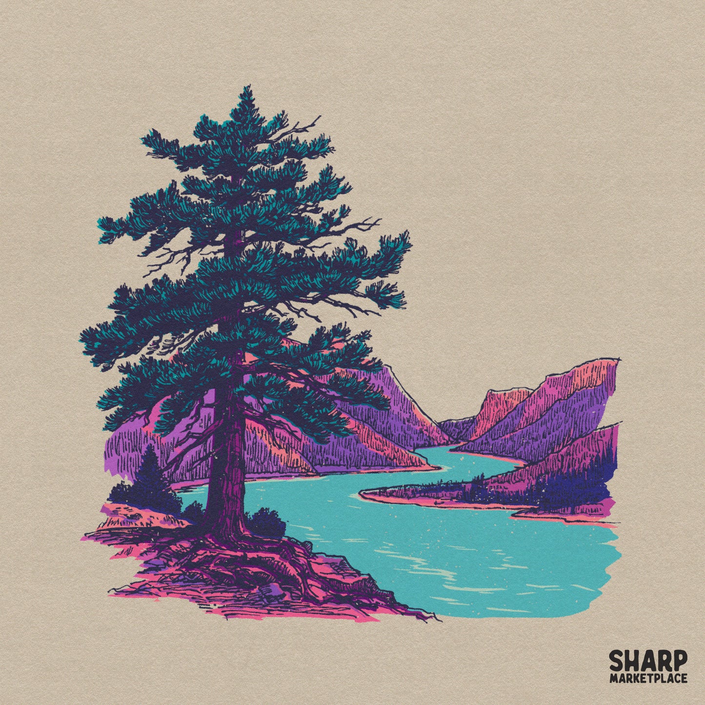Watercolor mountain landscape lake design with teal and purple sketched pine tree for sublimation camping shirt sublimation