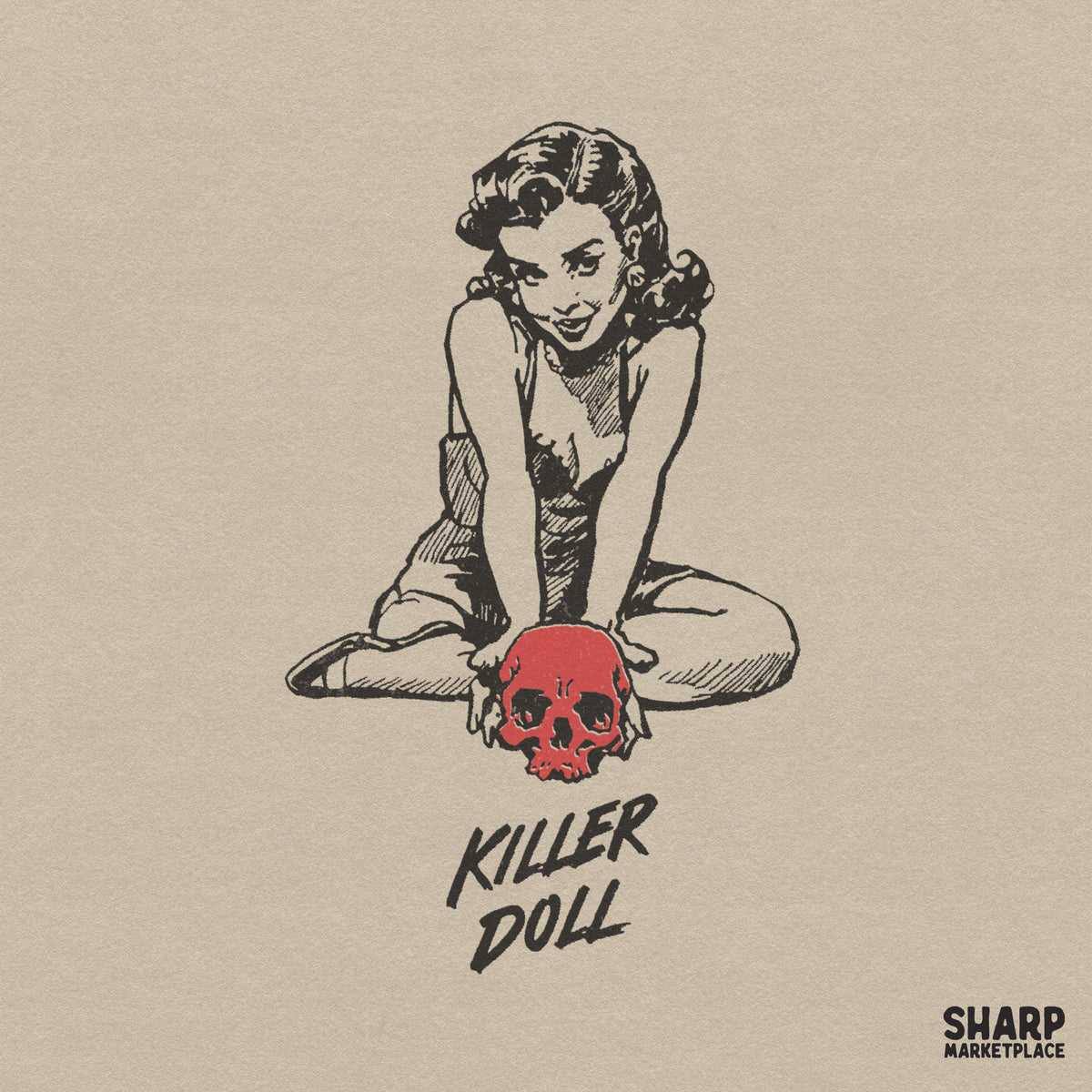 Vintage pinup girl illustration holding a bright red skull with distressed typography reading Killer Doll for edgy horror apparel and sublimation