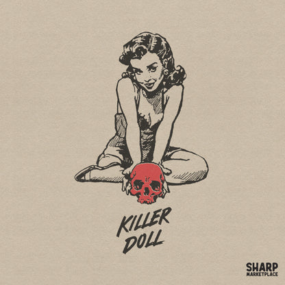 Vintage pinup girl illustration holding a bright red skull with distressed typography reading Killer Doll for edgy horror apparel and sublimation