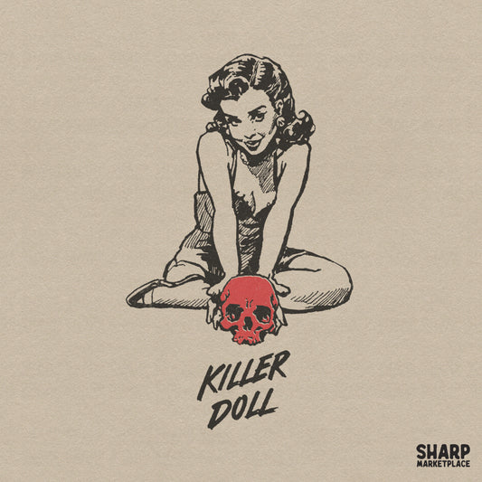 Vintage pinup girl illustration holding a bright red skull with distressed typography reading Killer Doll for edgy horror apparel and sublimation