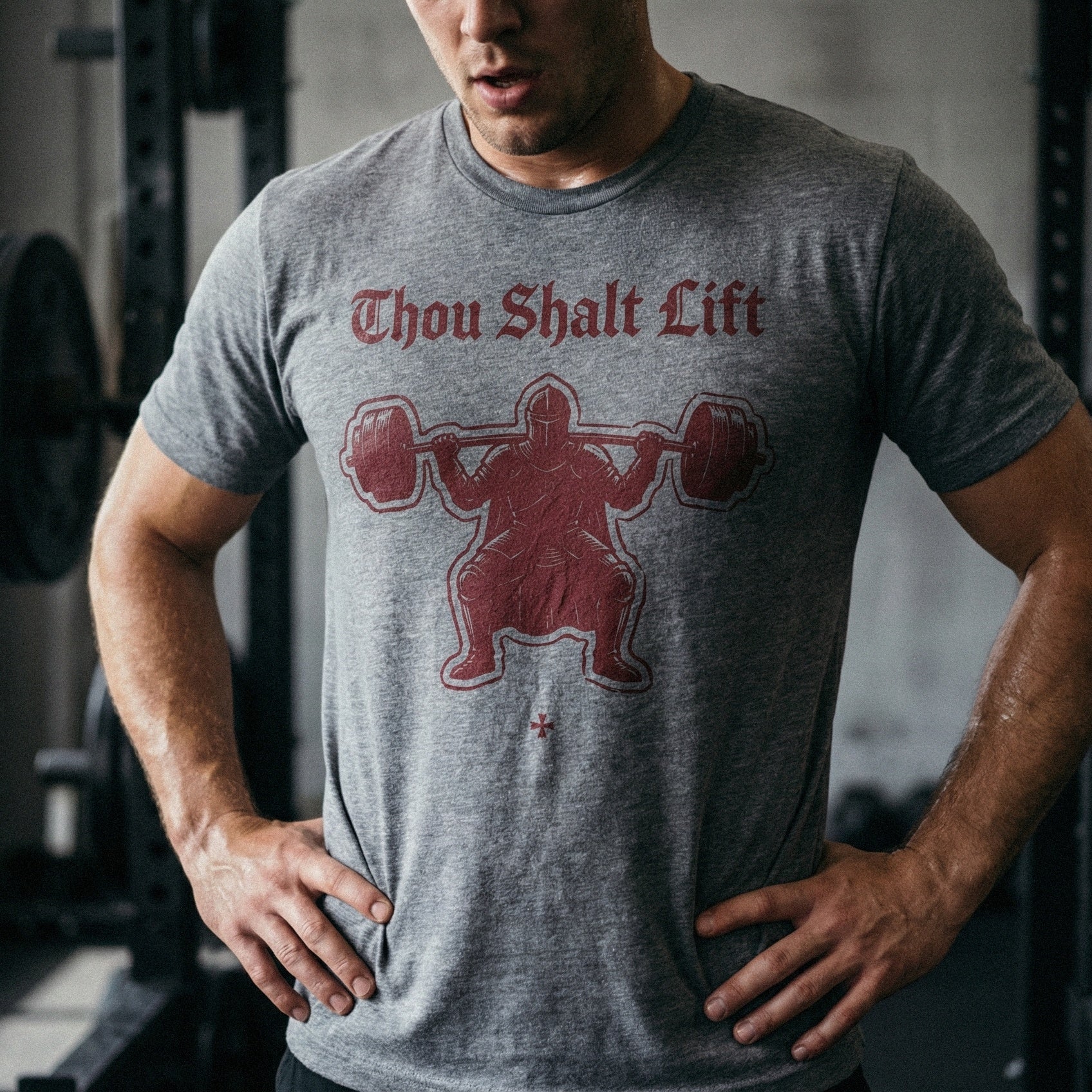 A medieval knight lifting a heavy barbell with gothic typography, perfect for custom gym apparel, workout stickers, or motivational fitness wall art.