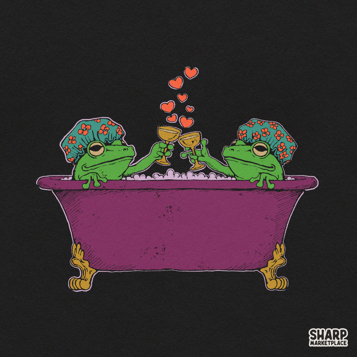 Two Frogs in Bathtub Toasting Champagne Graphic, Cute