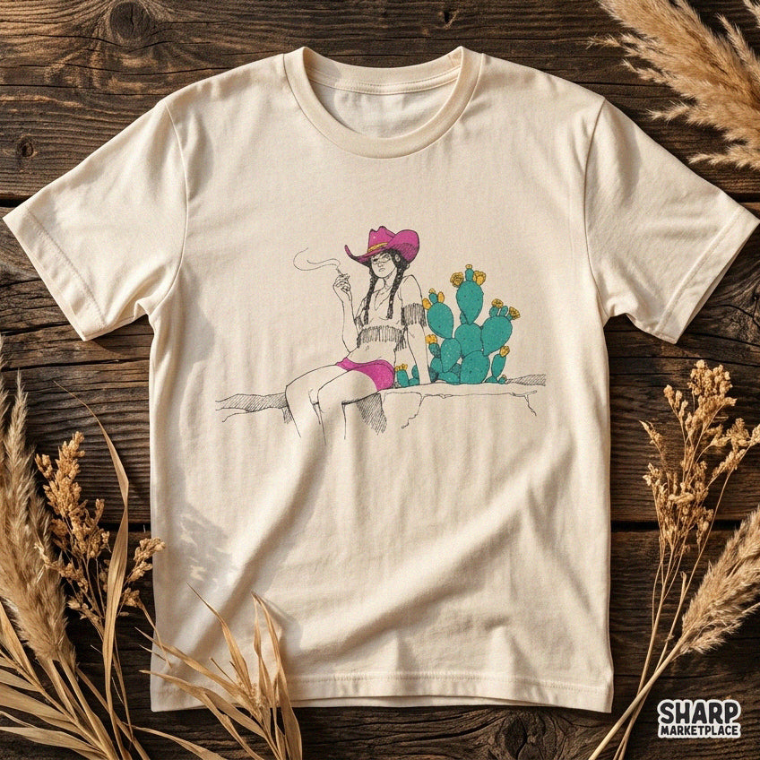 Relaxed Desert Cowgirl By Prickly Pear Cactus, Retro