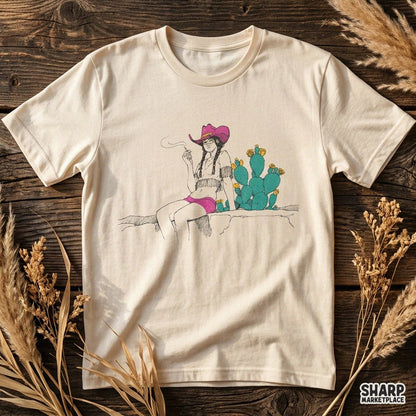 Relaxed Desert Cowgirl By Prickly Pear Cactus, Retro