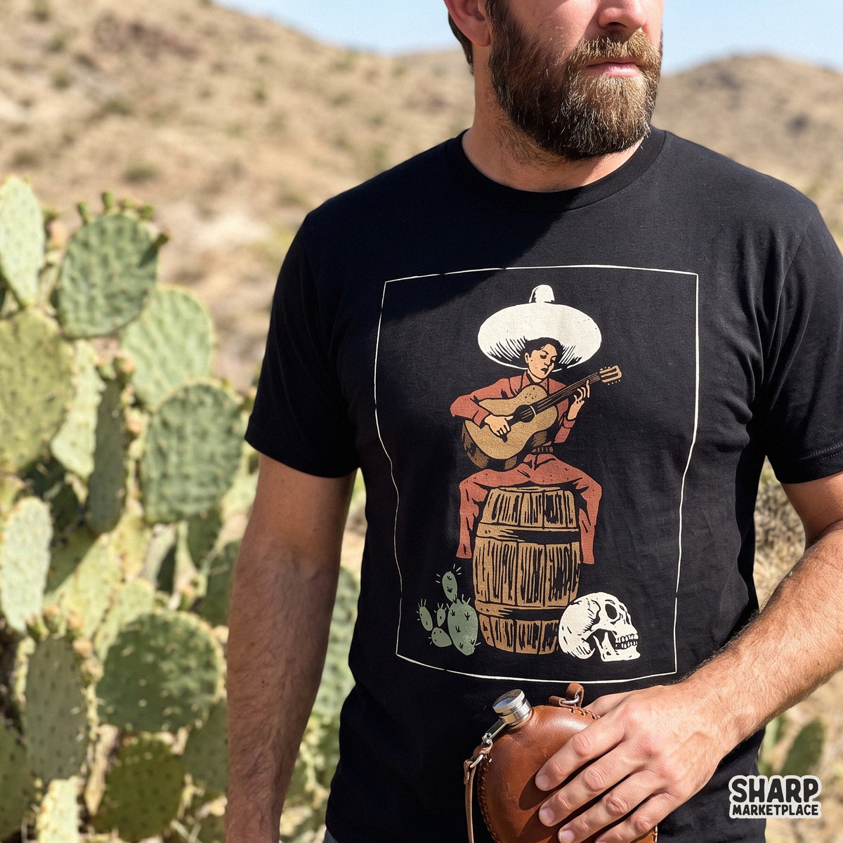 Vintage Mexican cowgirl playing guitar in desert retro western PNG for country music shirts and apparel