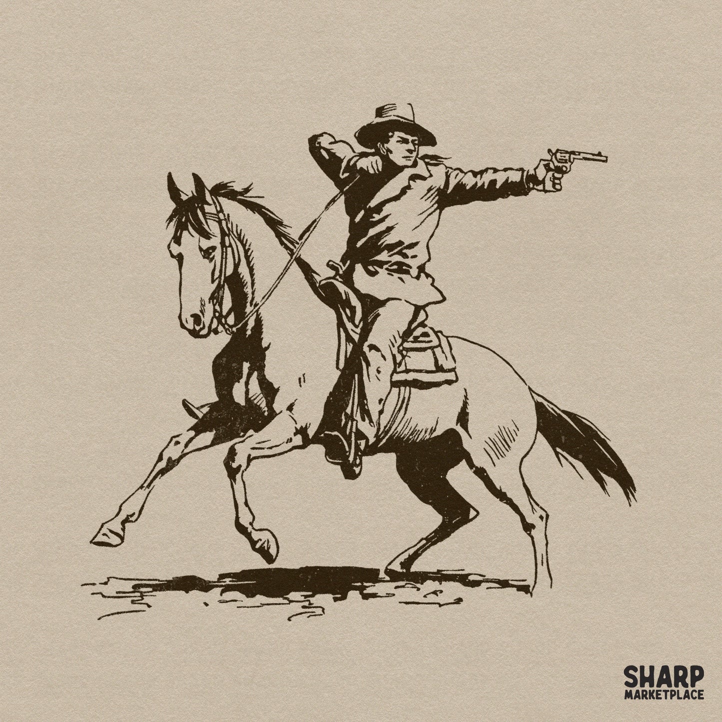 Vintage ink-style illustration of an Old West cowboy galloping on a horse and firing a revolver, isolated on a neutral background for digital projects.