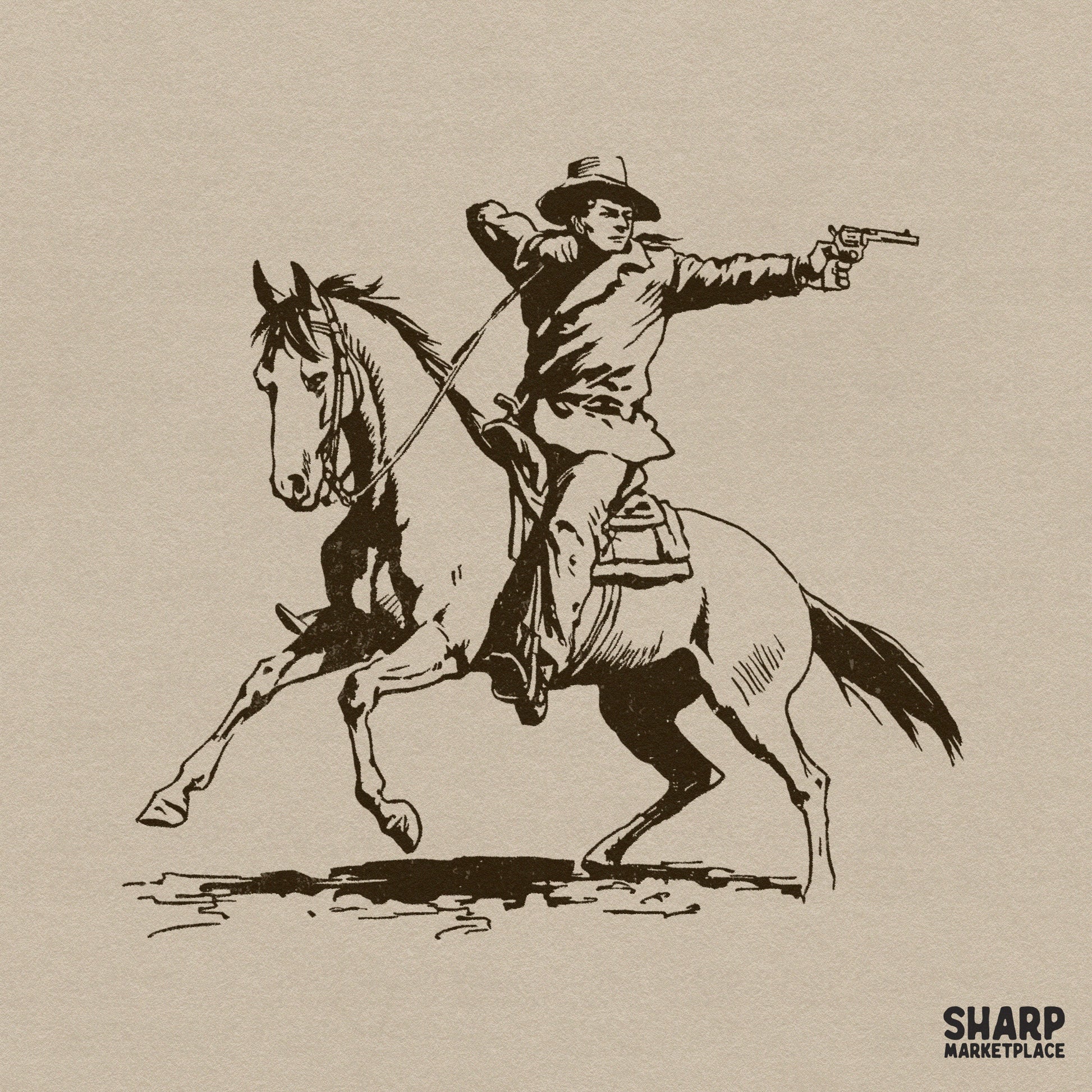 Vintage ink-style illustration of an Old West cowboy galloping on a horse and firing a revolver, isolated on a neutral background for digital projects.