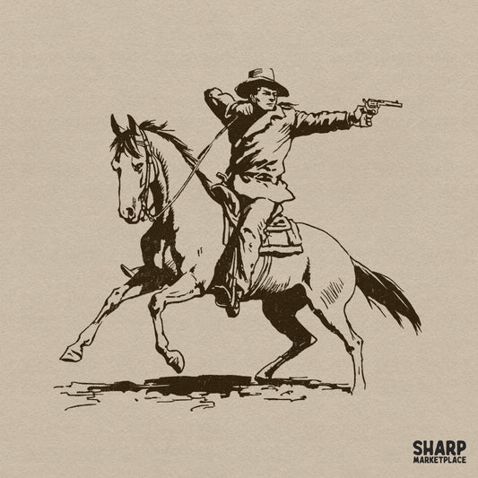 Vintage ink-style illustration of an Old West cowboy galloping on a horse and firing a revolver, isolated on a neutral background for digital projects.