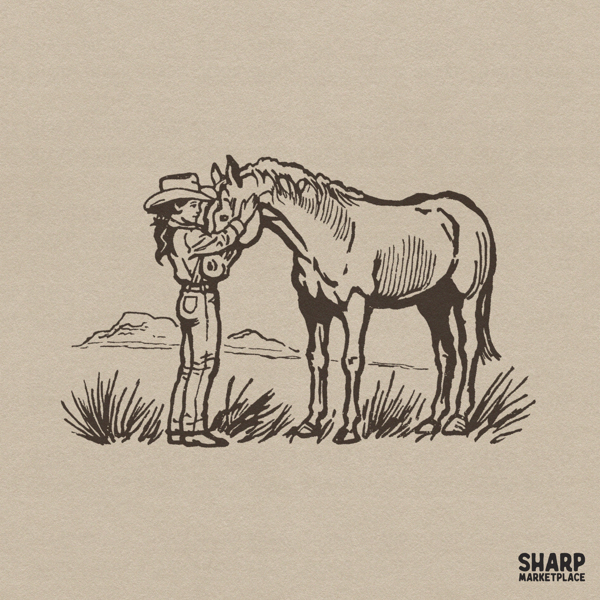 Vintage sketch of a cowgirl petting a horse in the desert for western t-shirt sublimation PNG designs